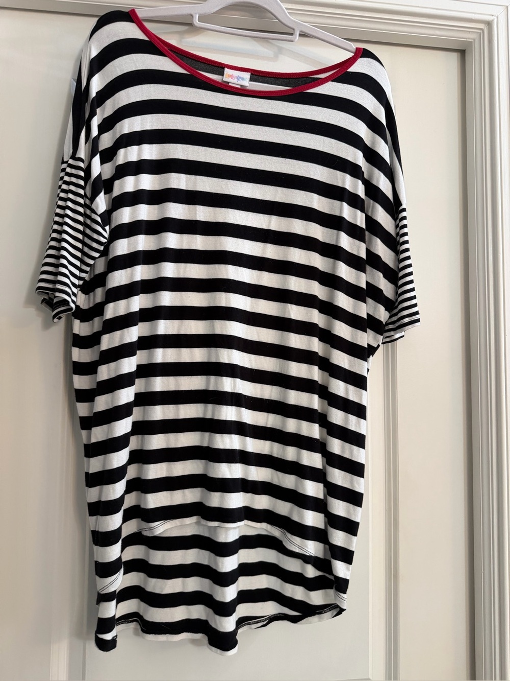 LuLaRoe Black & White Striped Top with Red Trim
